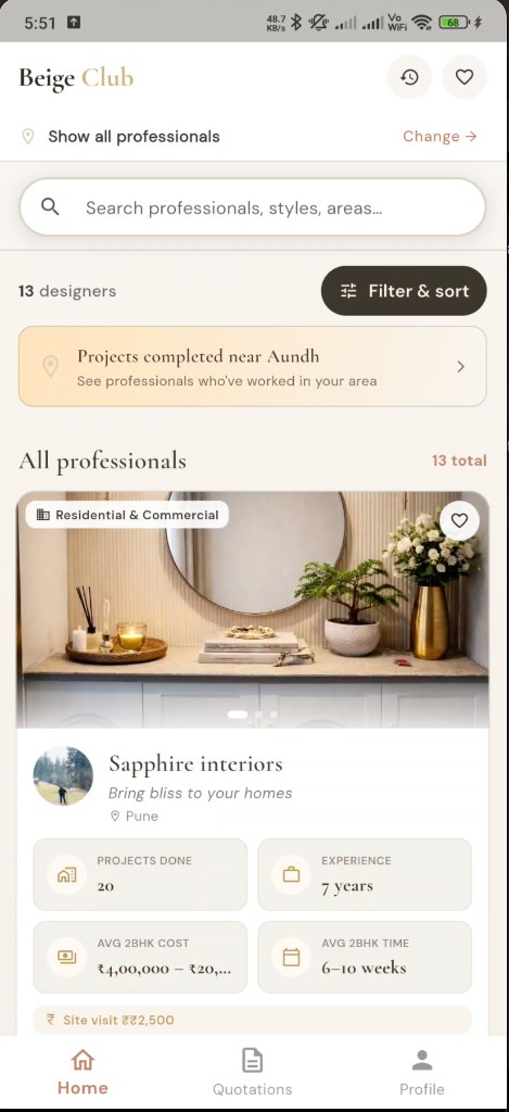 Beige Club app — browse interior designers near you