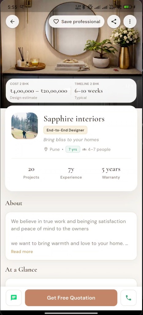 Beige Club app — designer profile with real project work and estimates